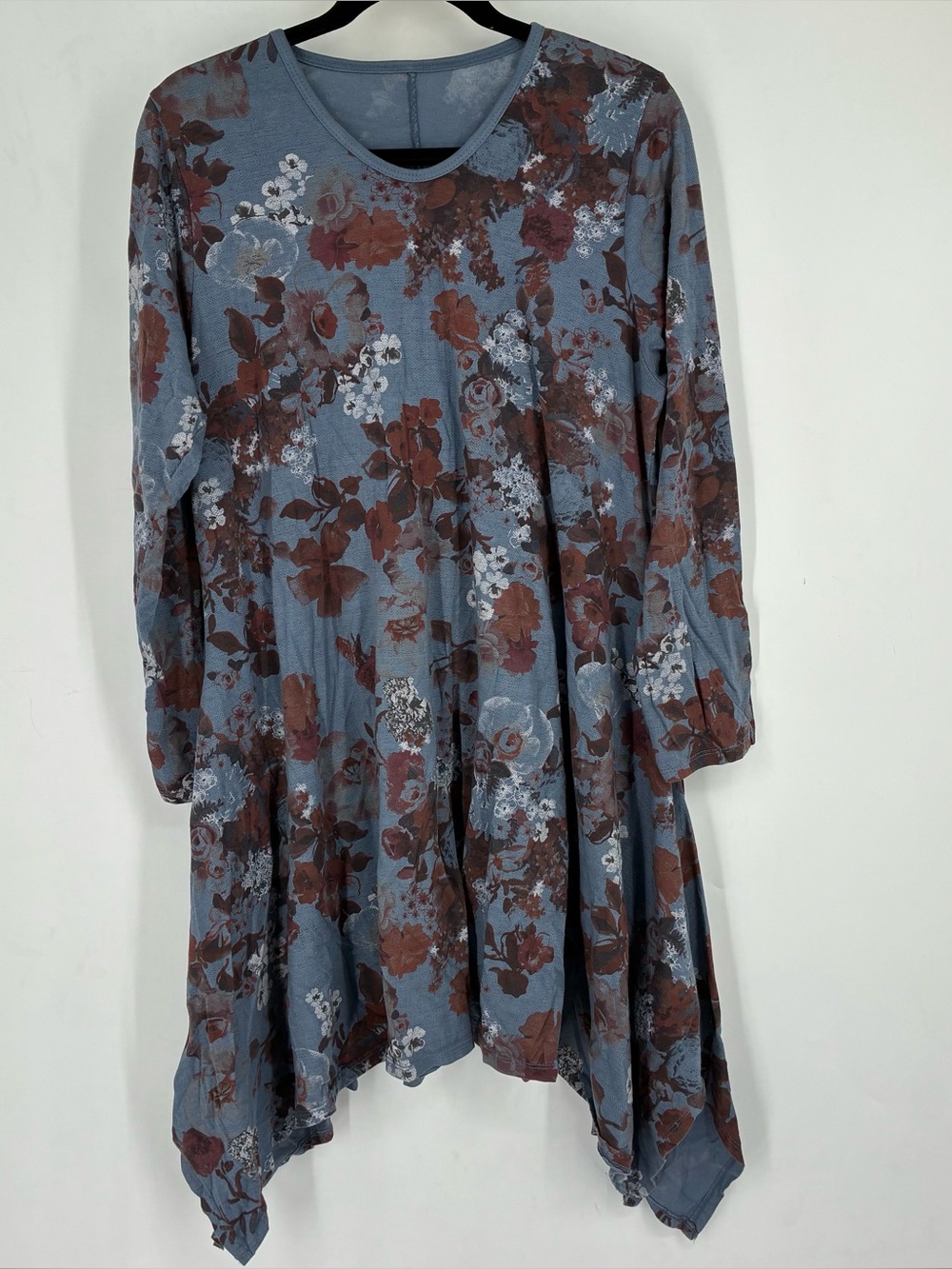 Italy 100% Cotton Blue Floral Shark Bite Long Sleeve Tunic Dress Lagenlook Art